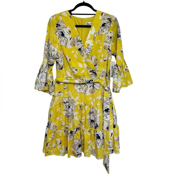 NWT Eliza J Faux Wrap Chiffon Mini Flounce Dress in Yellow Floral - Size 8 - Picture 2 of 9
